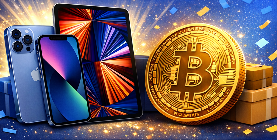 Prize bundle showing iPhone, iPad, bitcoin coin, and gift boxes